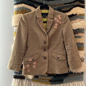 AMERICAN EAGLE Buttoned Hourglass Fitted Tweed Blazer Floral Embroidered Brown S